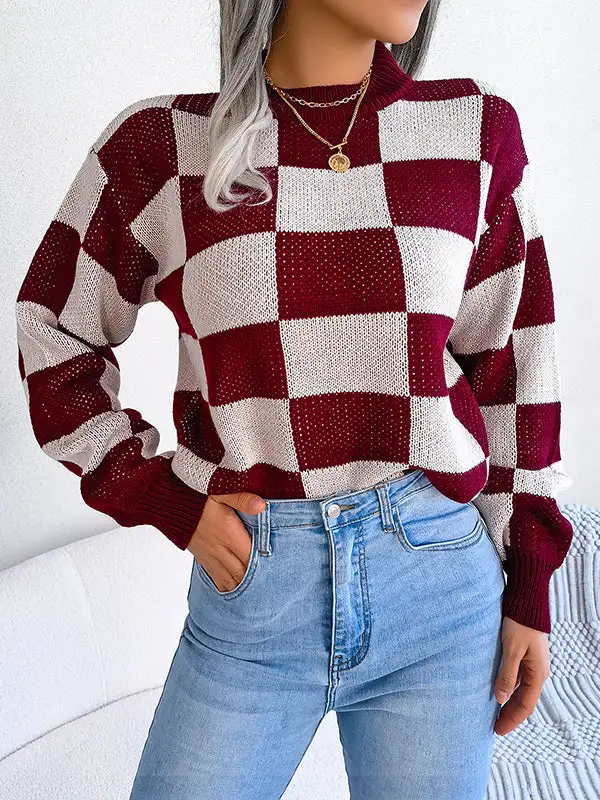 Plaid Round Neck Long Sleeve Relaxed Fit Sweater
