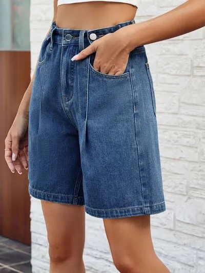 Minimal High Waist Denim Shorts with Pockets
