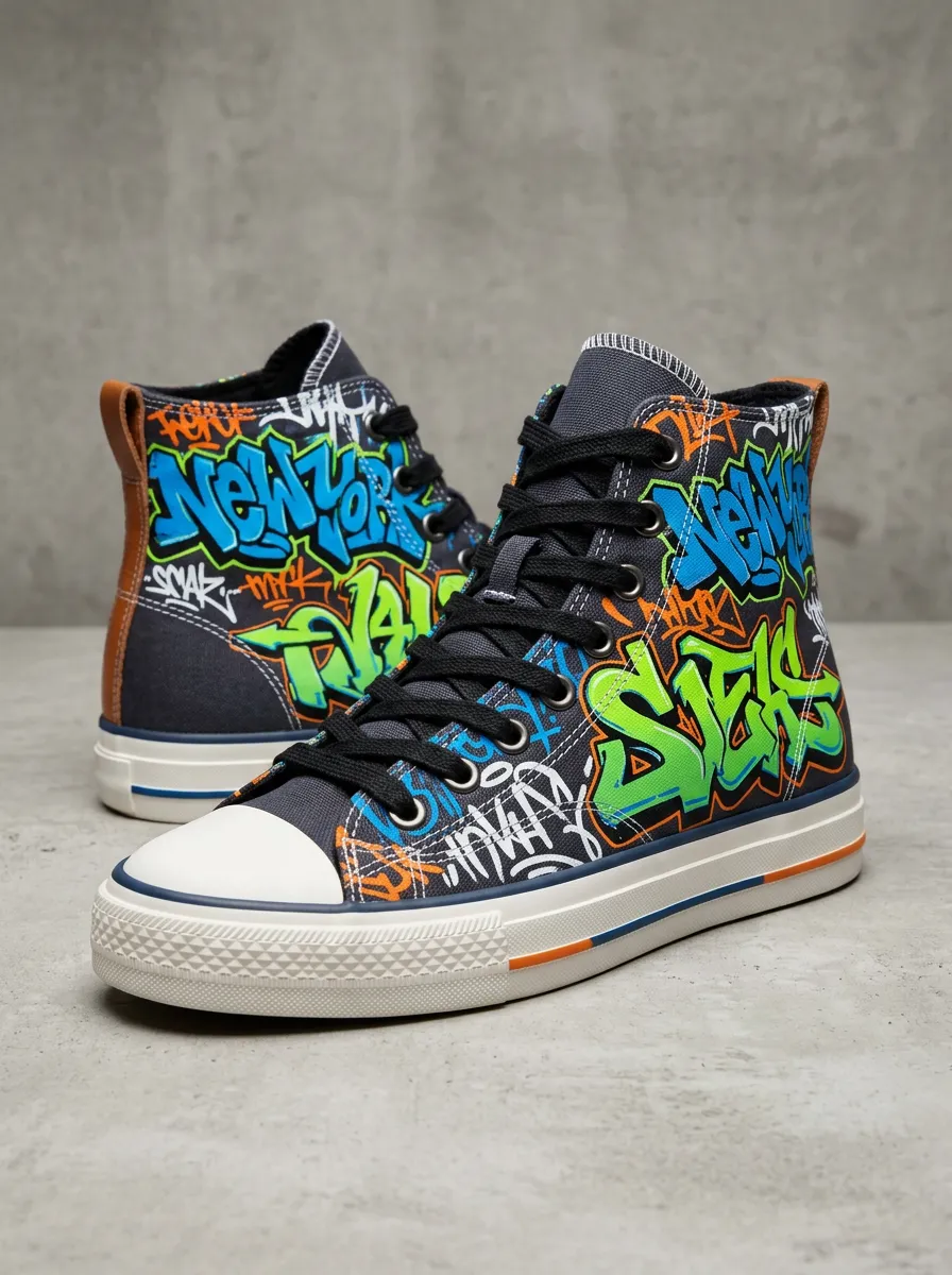 Men's New York Street Art Graffiti Printed Canvas Shoes