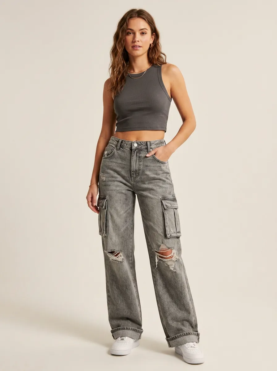 Women's Streetwear Distressed Grey Washed Cargo Denim Pants