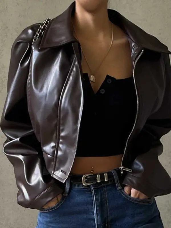 Lapel Faux-Leather Pocketed Jacket