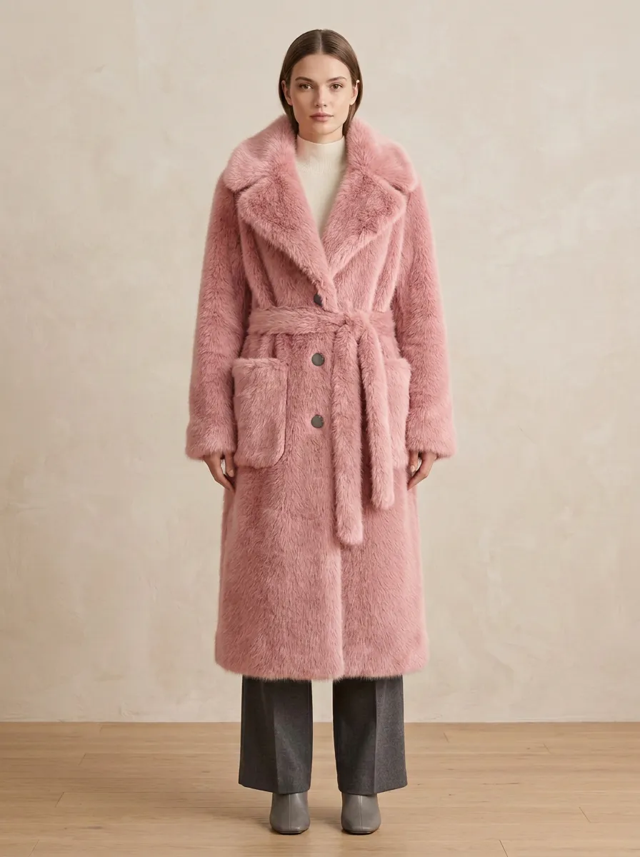 Front Pockets Faux Fur Belted Long Coat