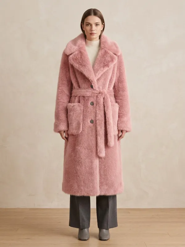 Front Pockets Faux Fur Belted Long Coat