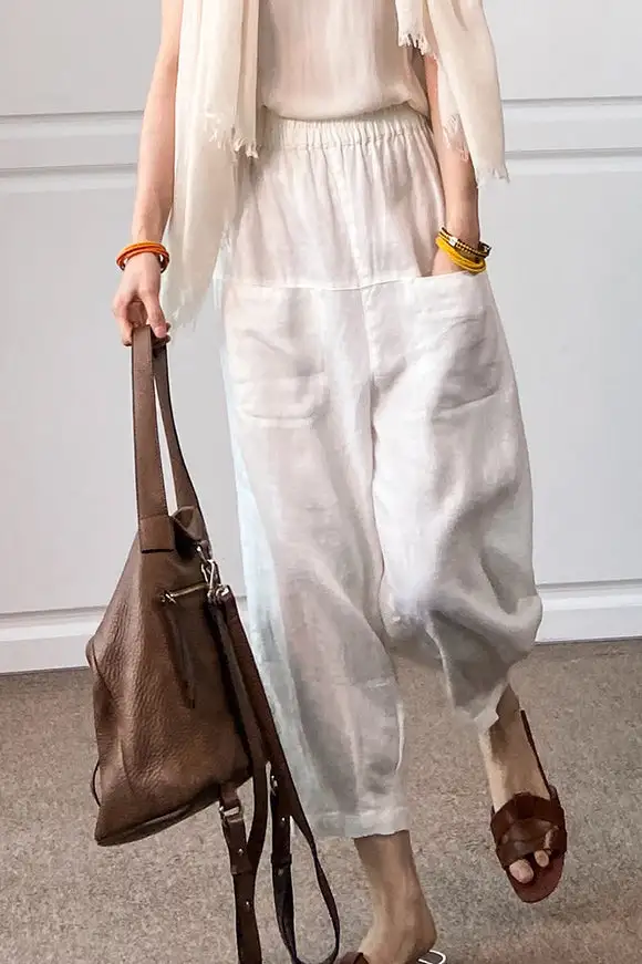 Modern Linen Cotton Wide Leg Cropped Elastic Waist Pocketed Trousers