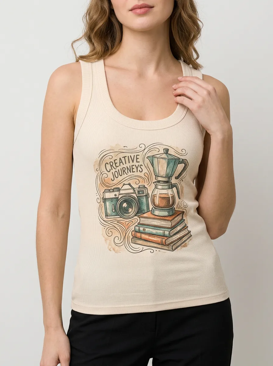 Women's Creative Journeys Camera Coffee Books Printed Tank Top