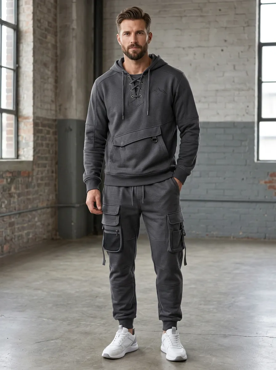 Functional Lace-Up Multi Pocket Utility Look Men's Lace Up Hoodie And Cargo Jogger Set