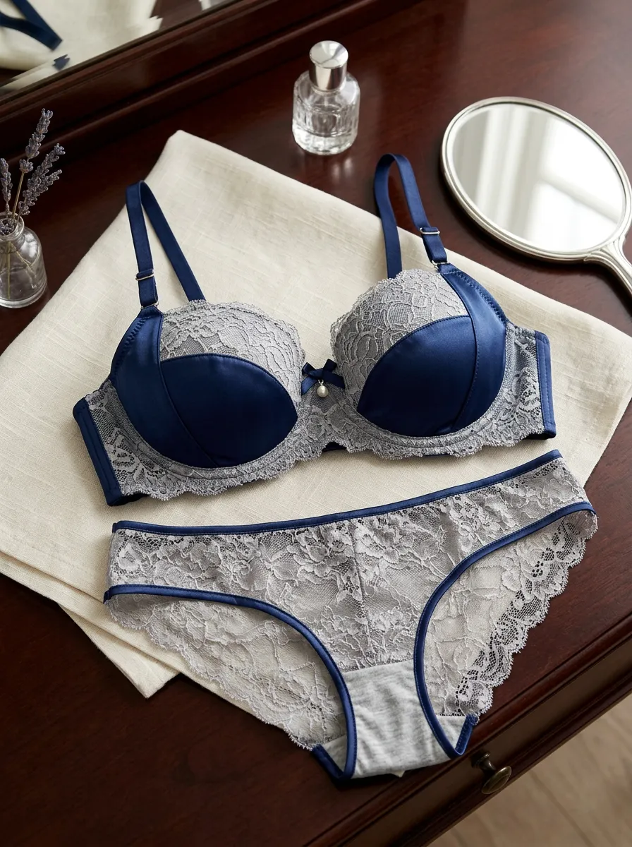 Women's Satin Lace Trimmed And Floral Lingerie Set