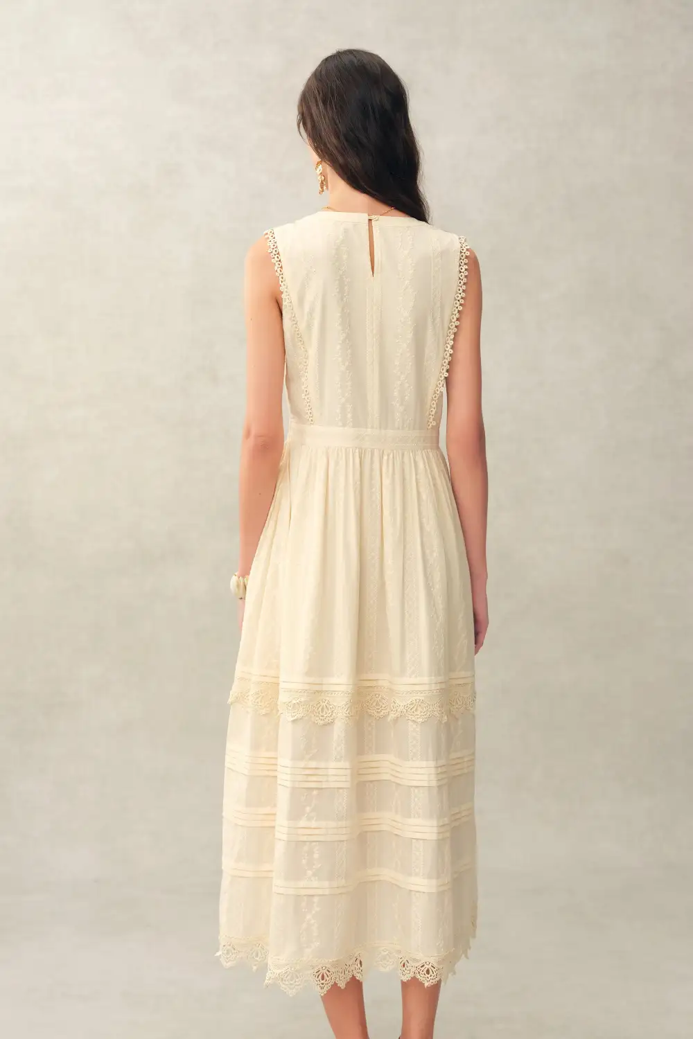Sleeveless Lace Embroidered Cotton Jacquard Midi Dress