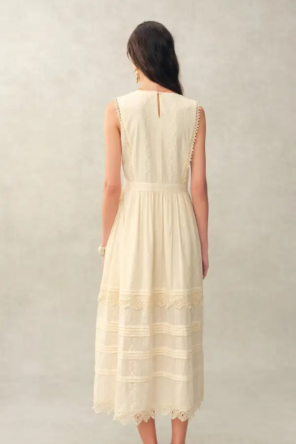 Sleeveless Lace Embroidered Cotton Jacquard Midi Dress