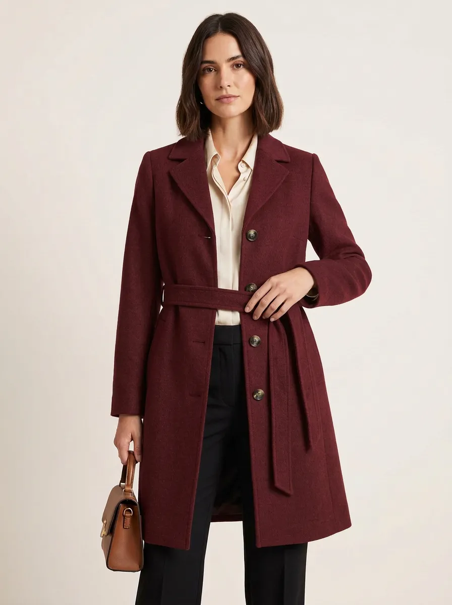 Women's Minimalist Style Gray Wool Blend Belted Coat