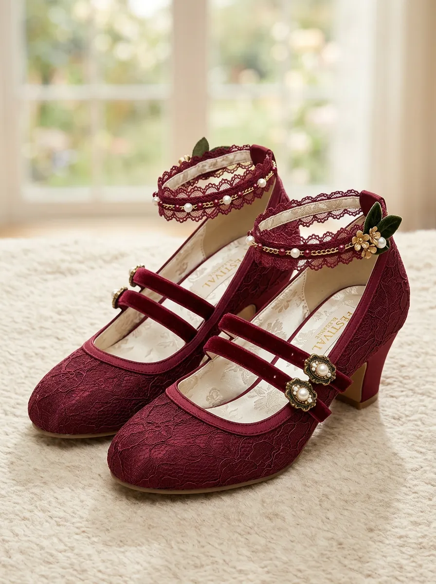 Ankle Strap Lace Pearl Women's Bavarian Occasion Heels
