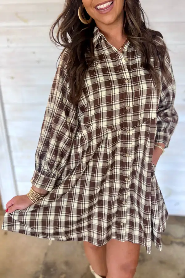 Women's Plaid Long Sleeve Shift Mini Dress
