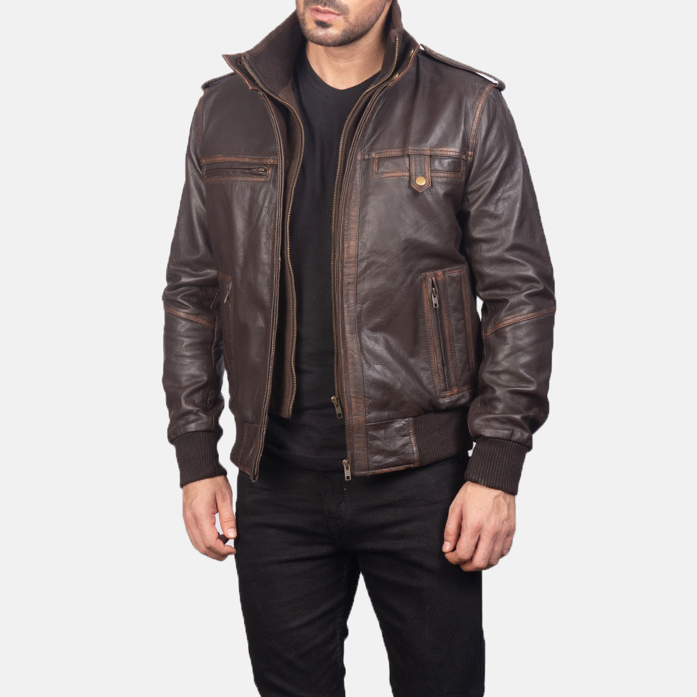 Men's Classic Textured Bomber Leather Jacket
