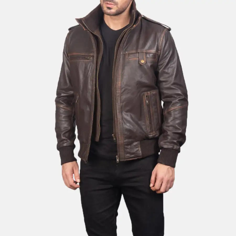 Men's Classic Textured Bomber Leather Jacket