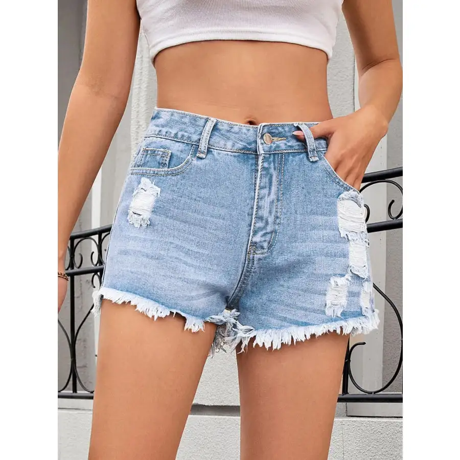 Chic Distressed Raw Hem Denim Shorts
