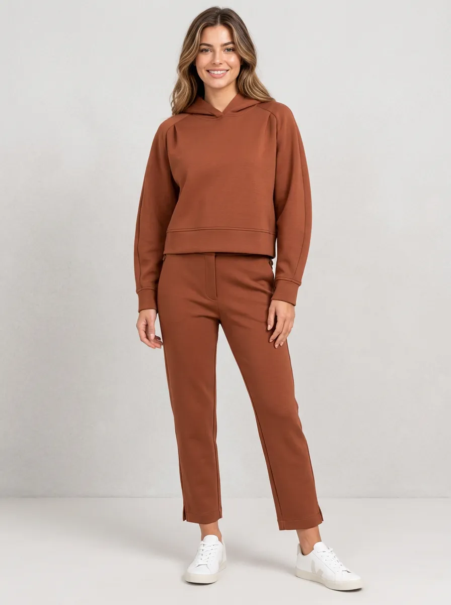 Women's Casual Minimalist Rust Brown Solid Hoodie Pants Set