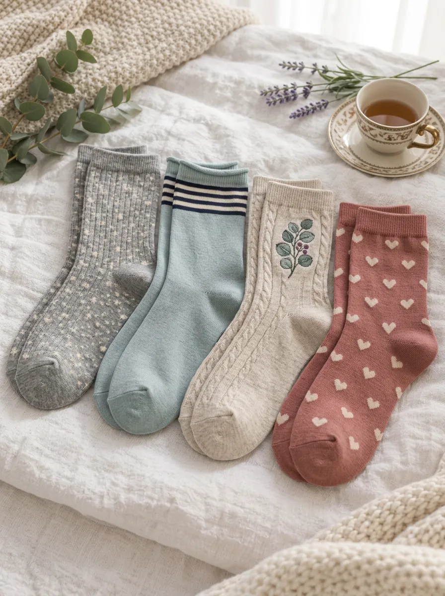 Women's Vintage Floral Heart Striped Printed Crew Socks 4-Pack