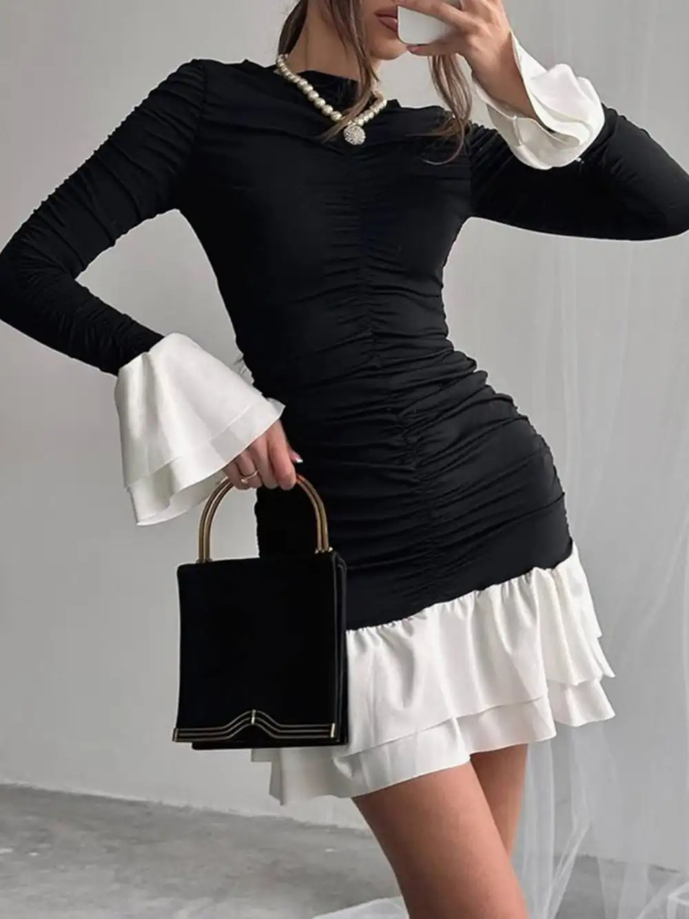 Polished Detail Ruffle Long Sleeve Mini Dress