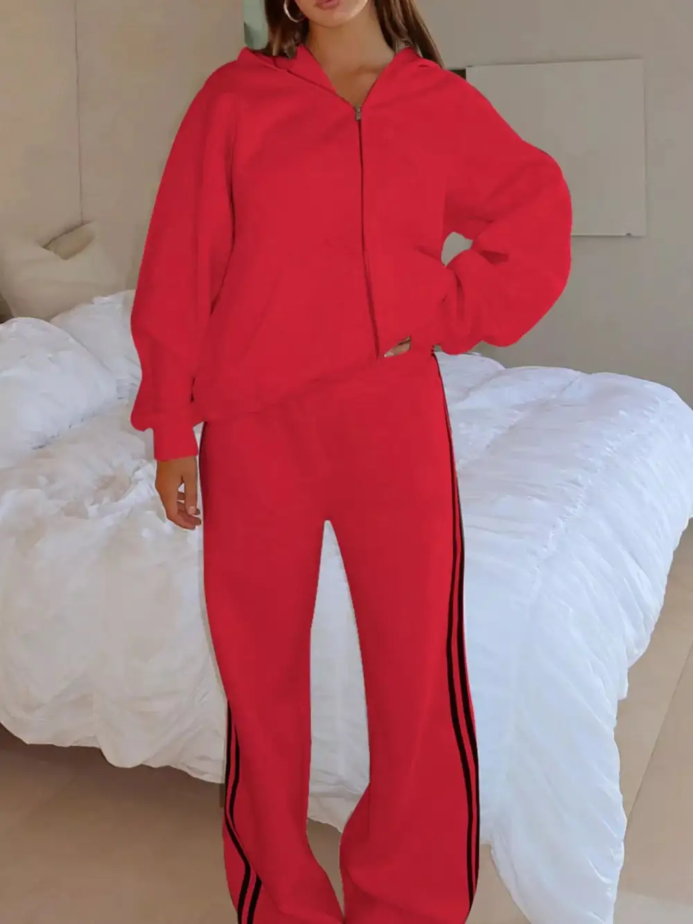 Zip Up Hoodie and Striped Pants Set