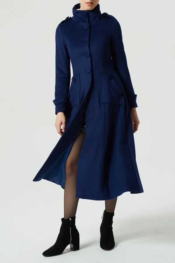 Wool Blend A Line Single Breasted Pocketed Long Coat