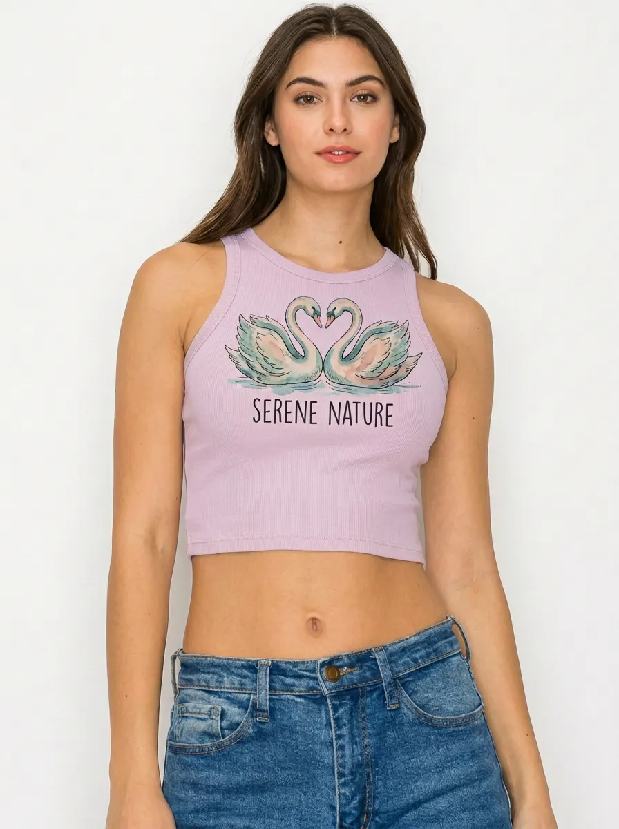 Women's Nature Swan Heart Graphic Crop Tank Top