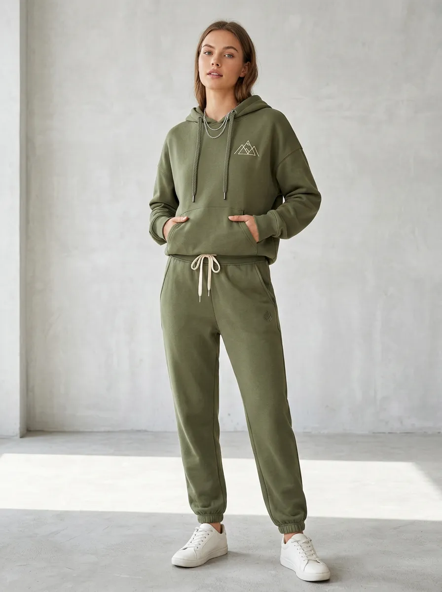 Women's Mountain Lover Olive Green Printed Hoodie Jogger Set