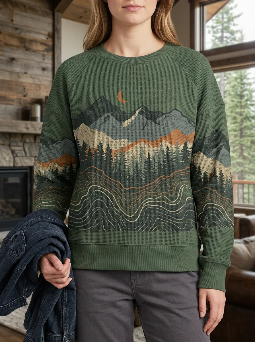 Women's Mountain Forest Moon Nature Printed Waffle Knit Sweatshirt