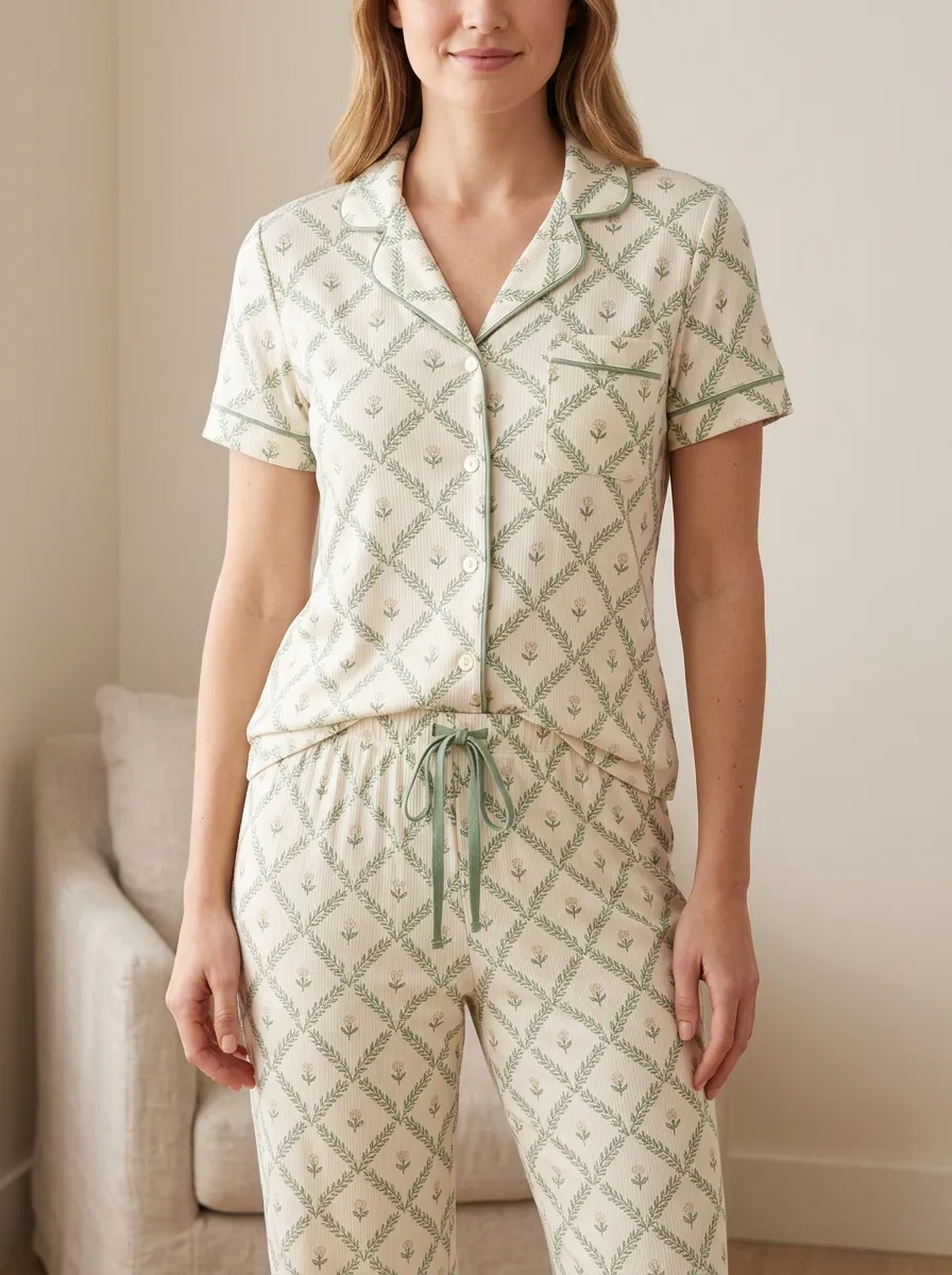 Women's Floral Lattice Pattern Printed Pajama Set