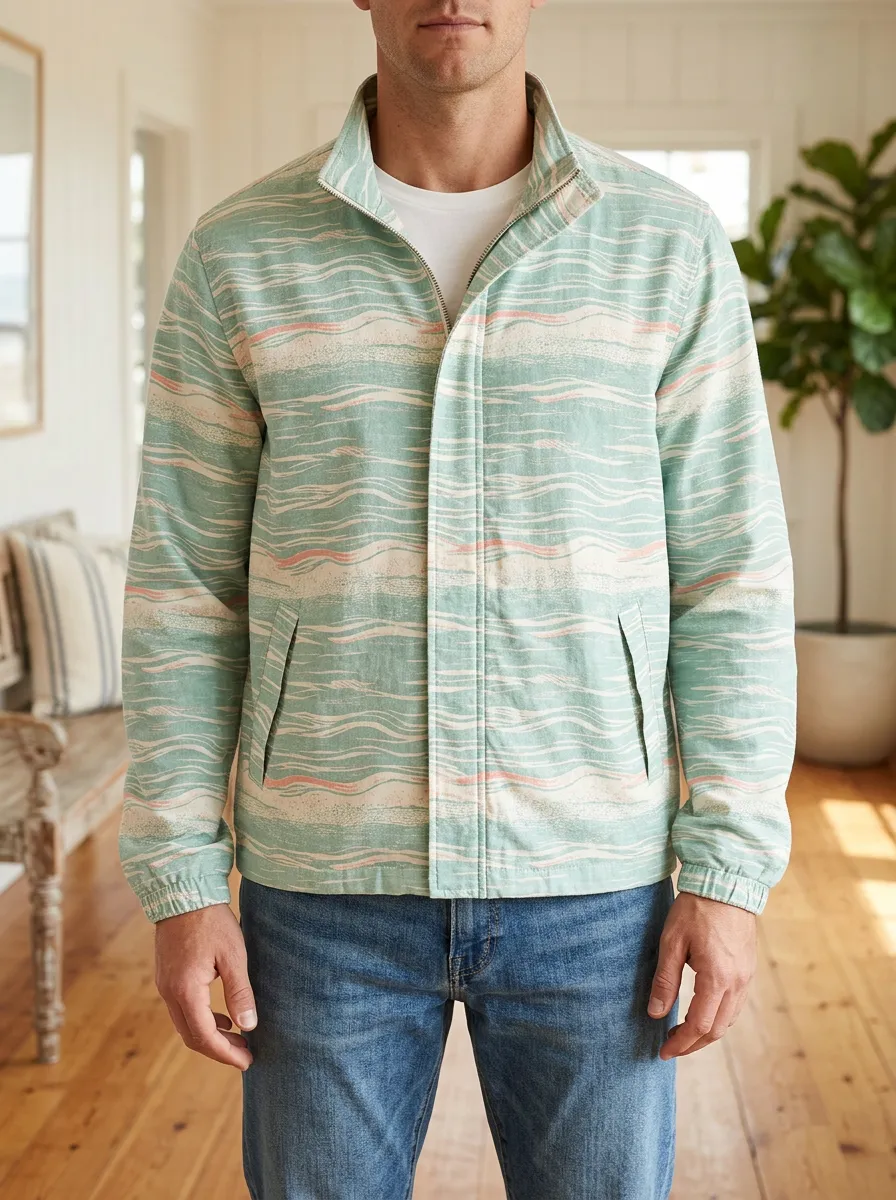 Men's Beach Style Mint Green Wavy Stripe Printed Jacket