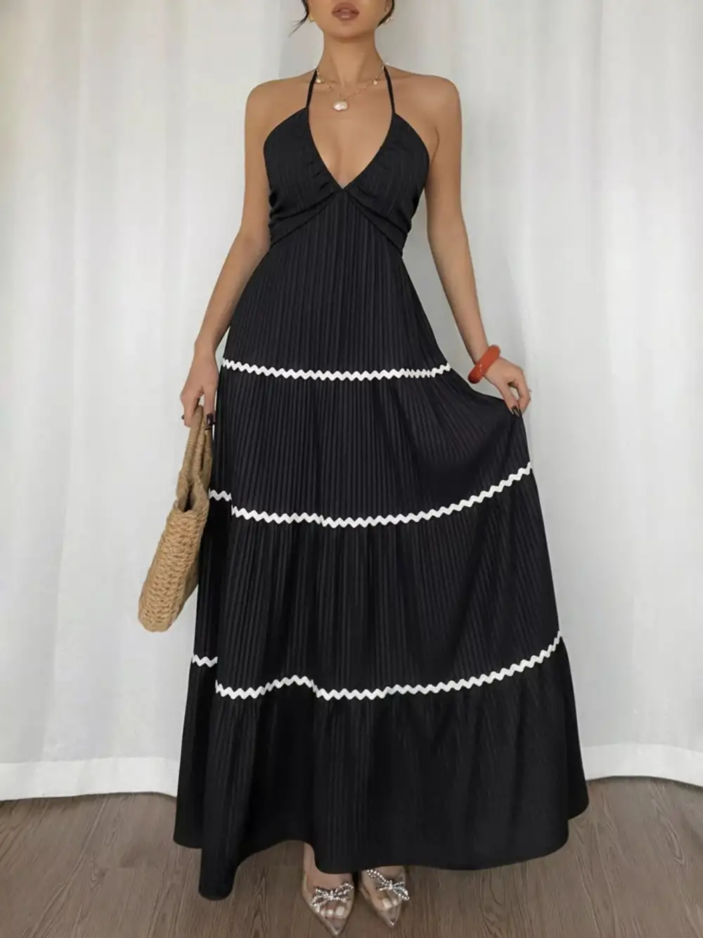 Classic Halter Neck Pleated Maxi Dress