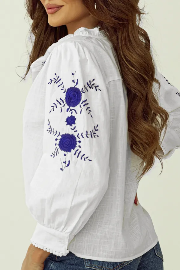 Women's Floral Print Embroidered Bracelet Sleeve Blouse