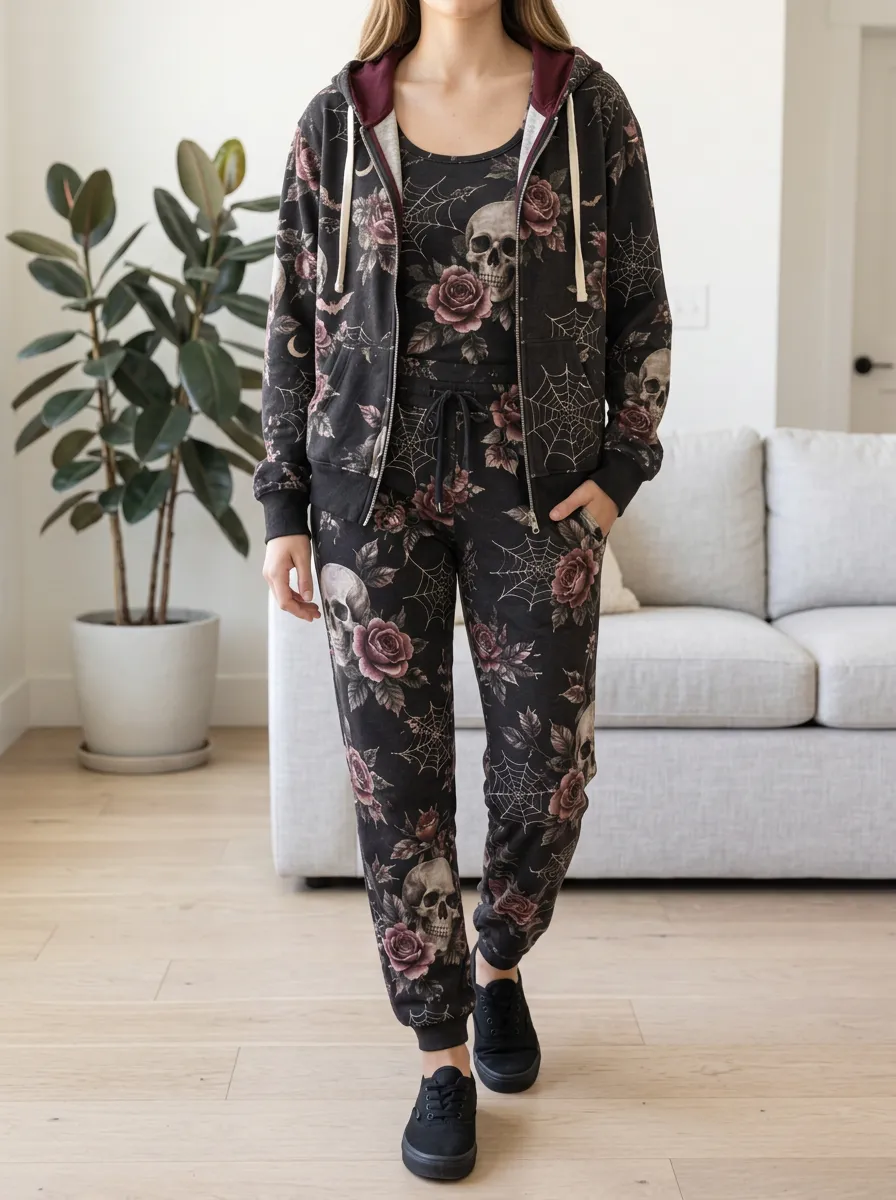 Women's Halloween Gothic Skull Rose Spiderweb All-Over Graphic Lounge Set