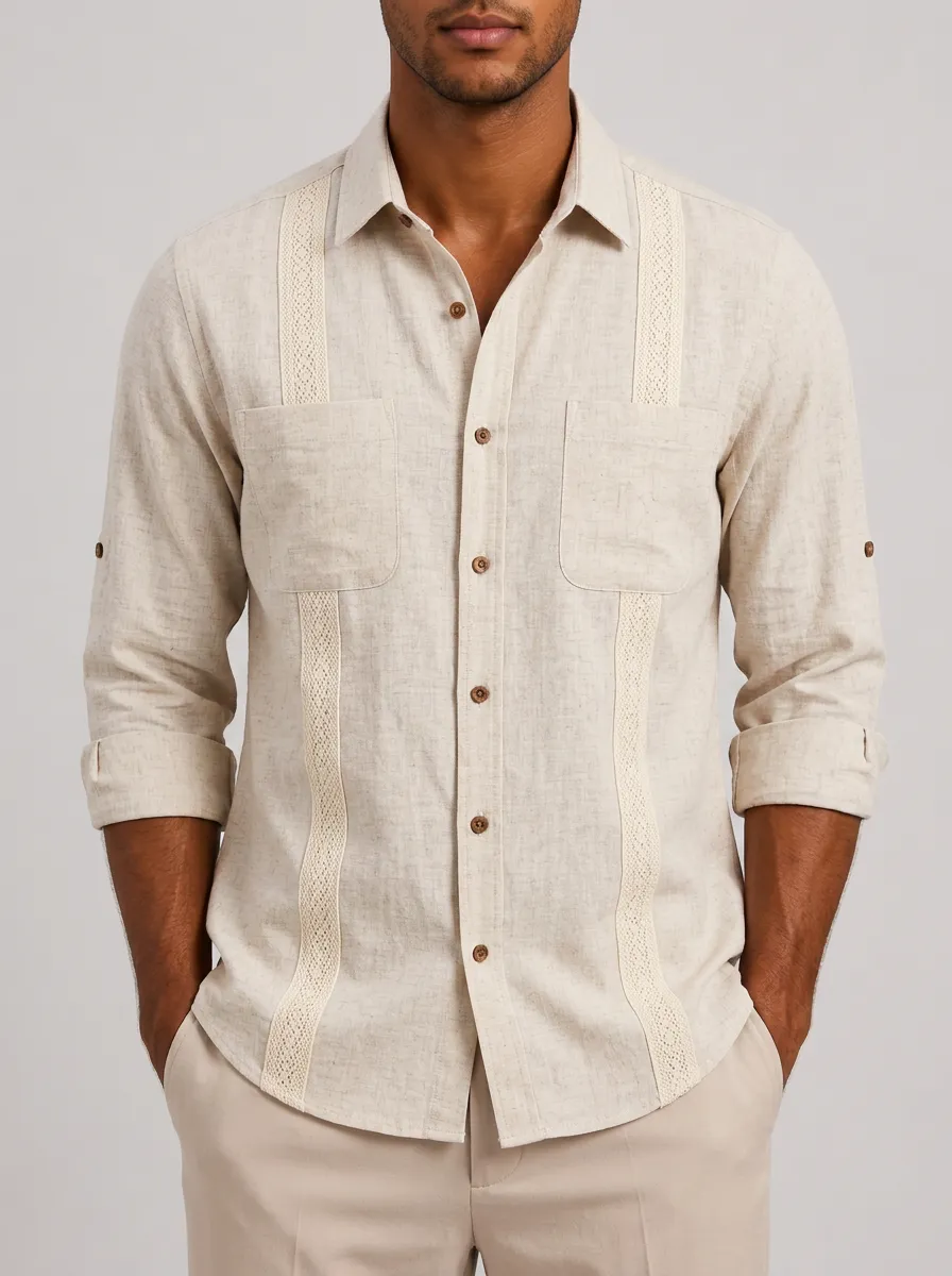 Men's Casual Beachwear Lace Trimmed Linen Guayabera Shirt