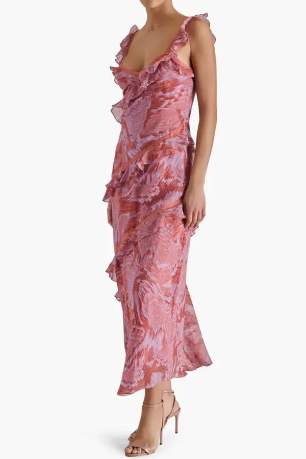 Pink Ruffle Hem Sweetheart Maxi Dress
