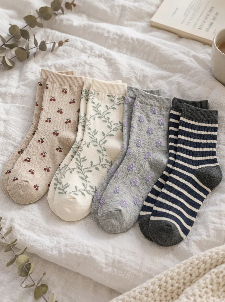 Women's Vintage Aesthetic Cherry Floral Striped Printed Socks 4-Pack