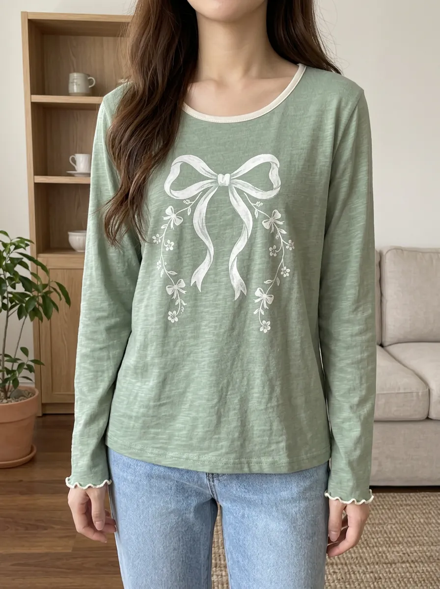 Women's Coquette Aesthetic Bow Floral Printed Long Sleeve T-shirt