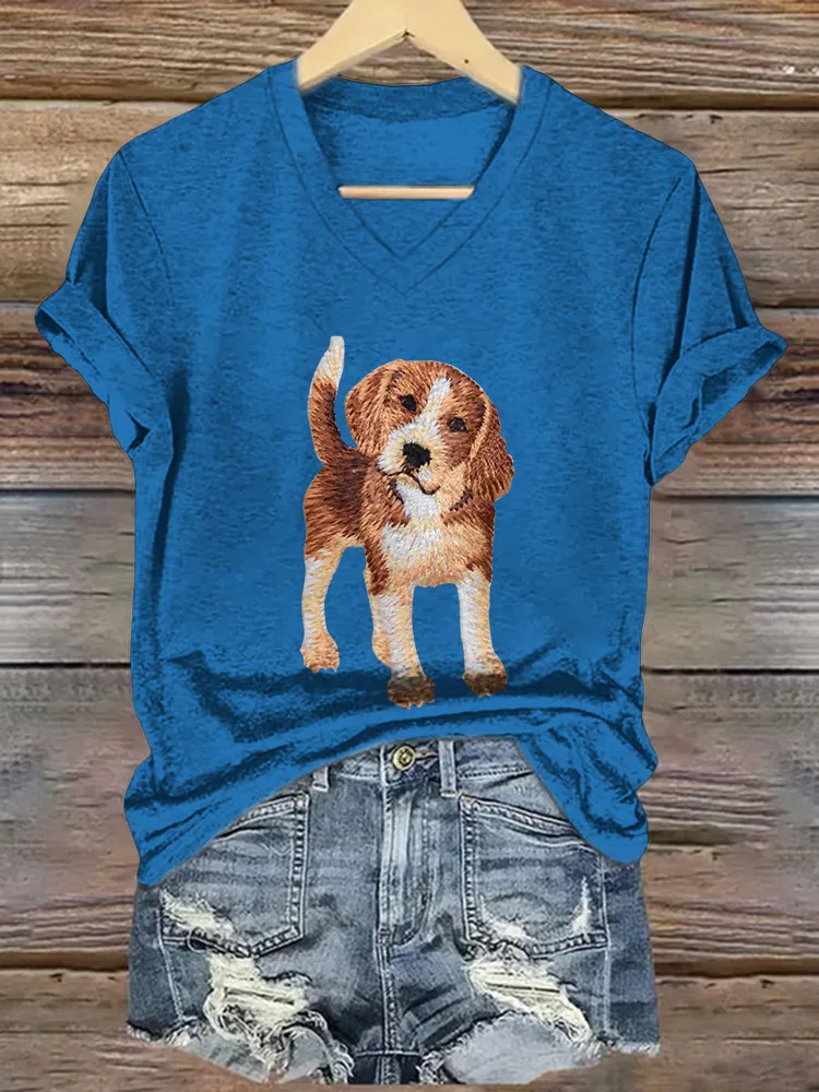 Woman's Puppy Print V-Neck And Short Sleeves T-Shirt