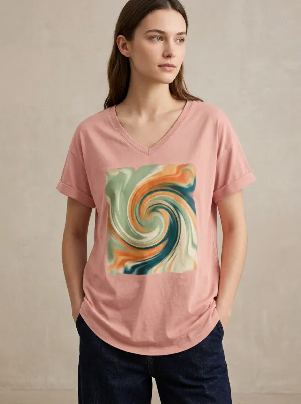 Women's Abstract Art Swirl Pattern Printed V-Neck T-Shirt