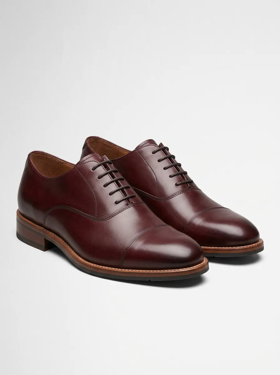 Men's Business Formal Burgundy Leather Cap Toe Oxford Shoes