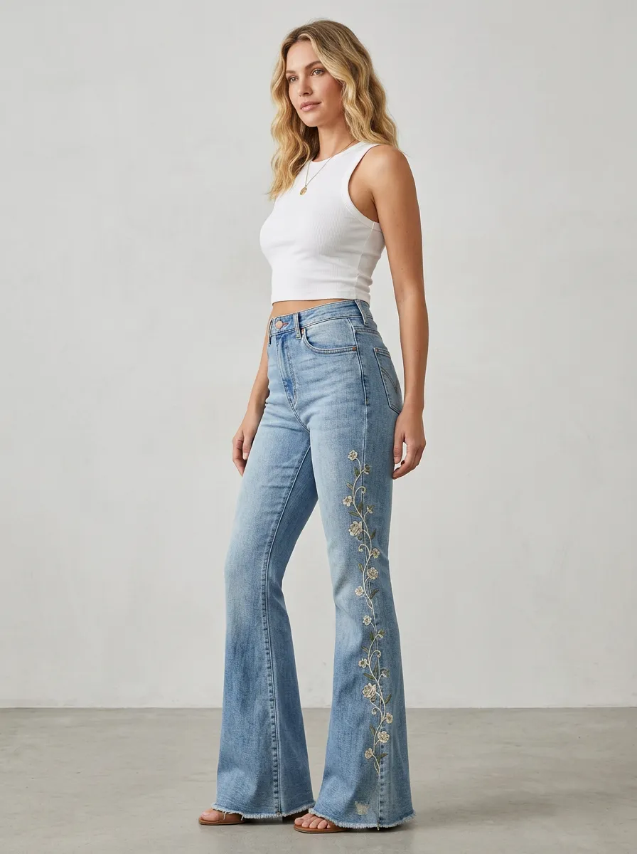 Women's Decorative Floral Embroidered High Rise Flare Jeans