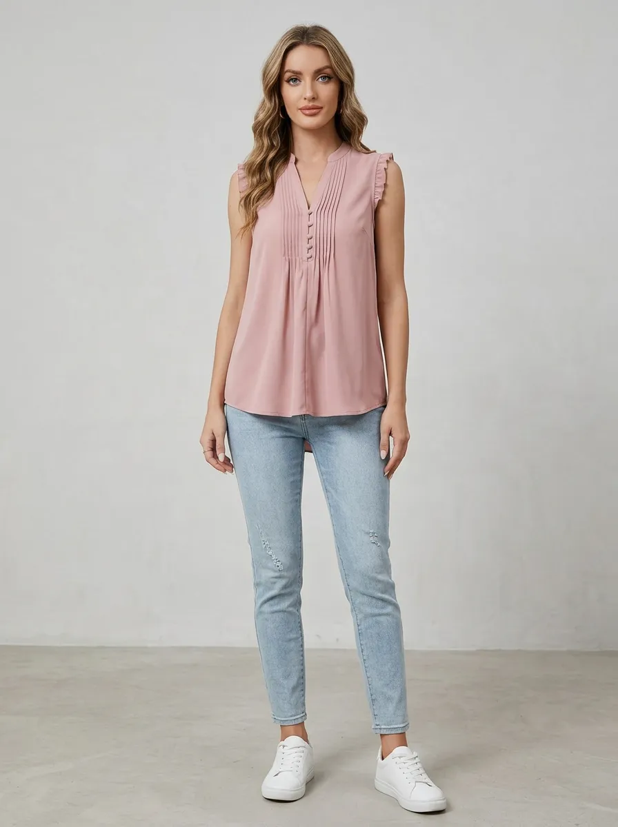 Pleated Button Front Ruffle Sleeveless Blouse
