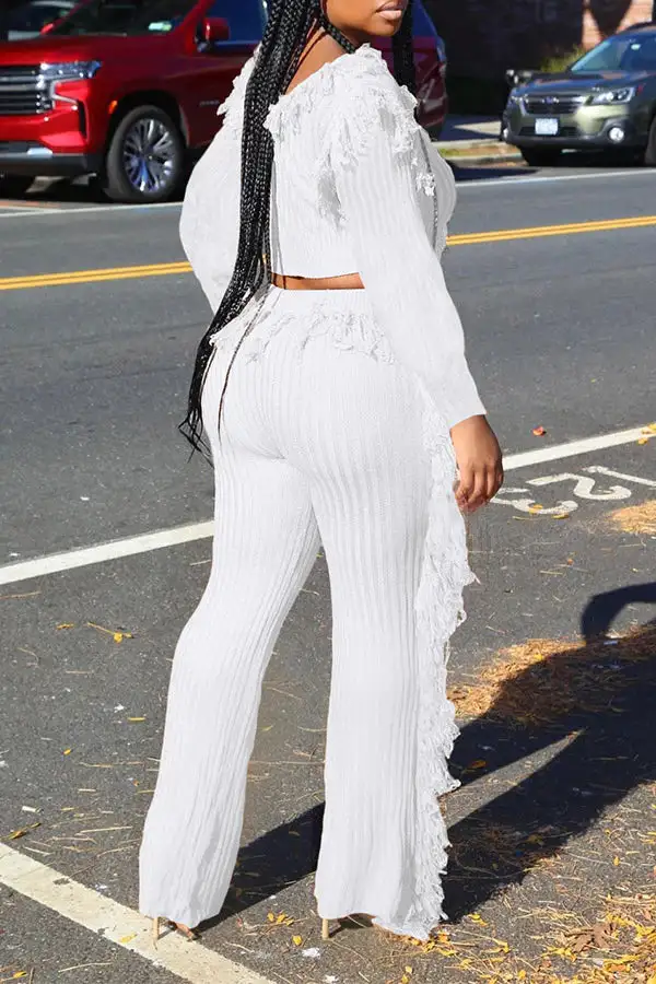 Solid Color Tassel Round Neck Pant Set