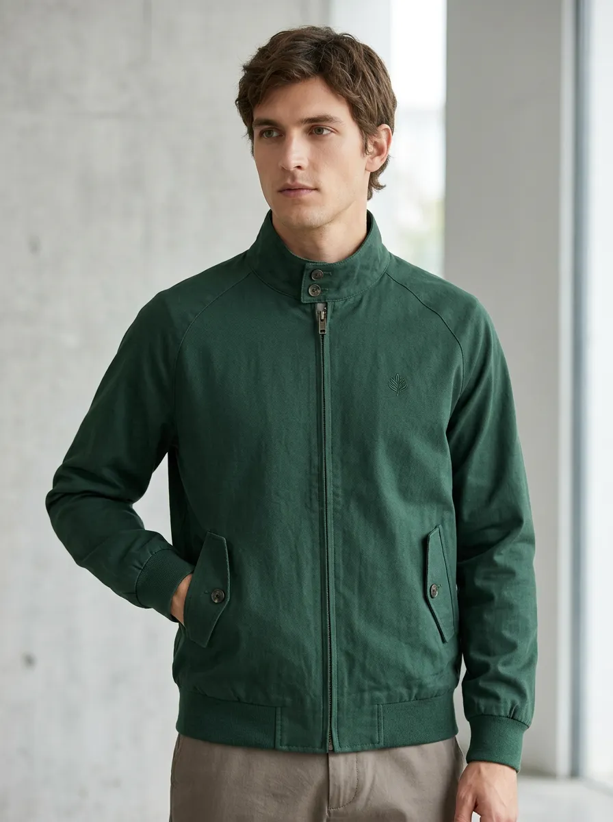 Men's Casual Green Leaf Embroidered Zip-Up Jacket