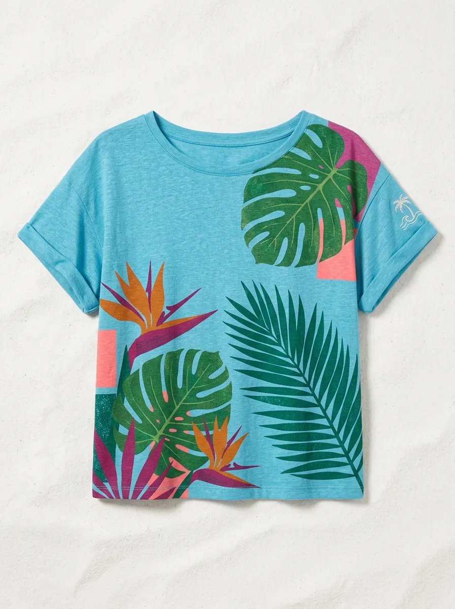Women's Tropical Print Rolled-Sleeve T-Shirt