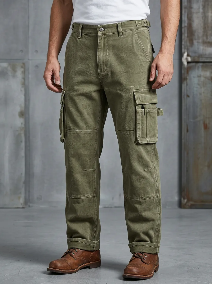 Men's Outdoor Utility Olive Green Multi-Pocket Adjustable Waist Tabs Cargo Pants