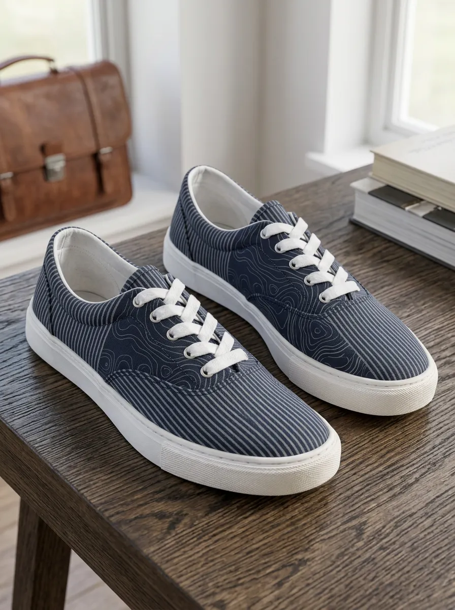 Men's Navy Blue Striped Topographic Printed Canvas Shoes