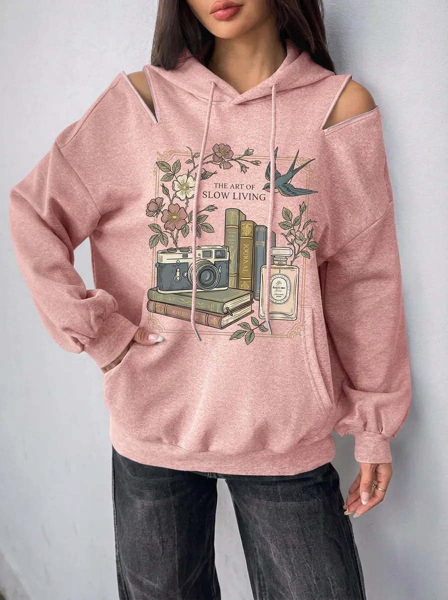 Women's Slow Living Book Camera Floral Printed Cold Shoulder Hoodie