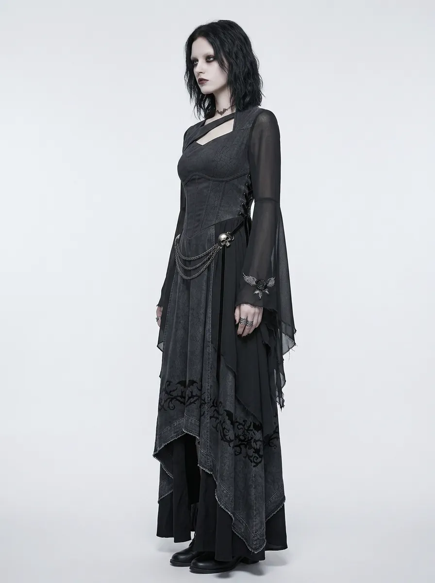 Women's Gothic Skull Rose Bat Printed Flare Sleeve Top