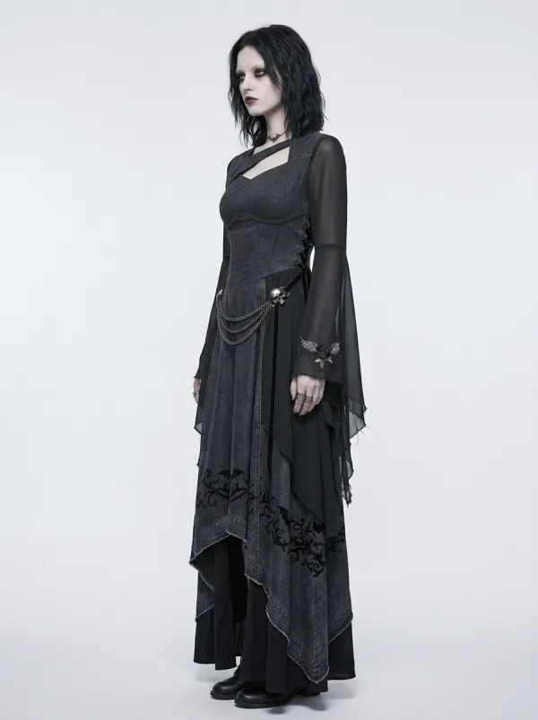 Women's Gothic Skull Rose Bat Printed Flare Sleeve Top