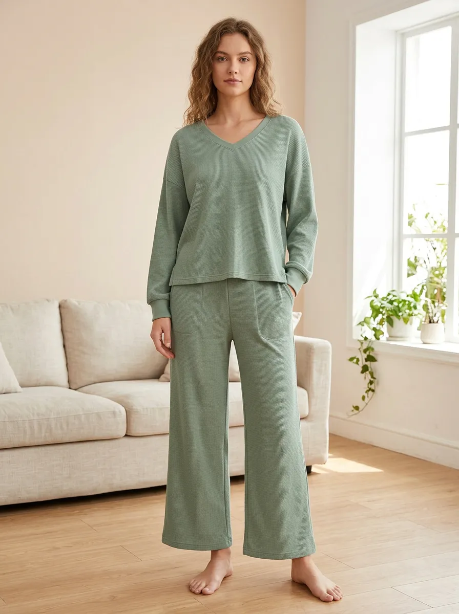 Waffle Knit V-Neck Lounge Set